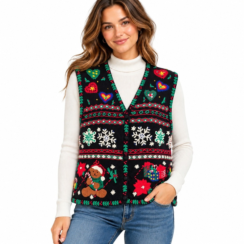 Vintage 90s Hampshire Studio Sweater Vest XL Black Christmas Bear Hearts Festive